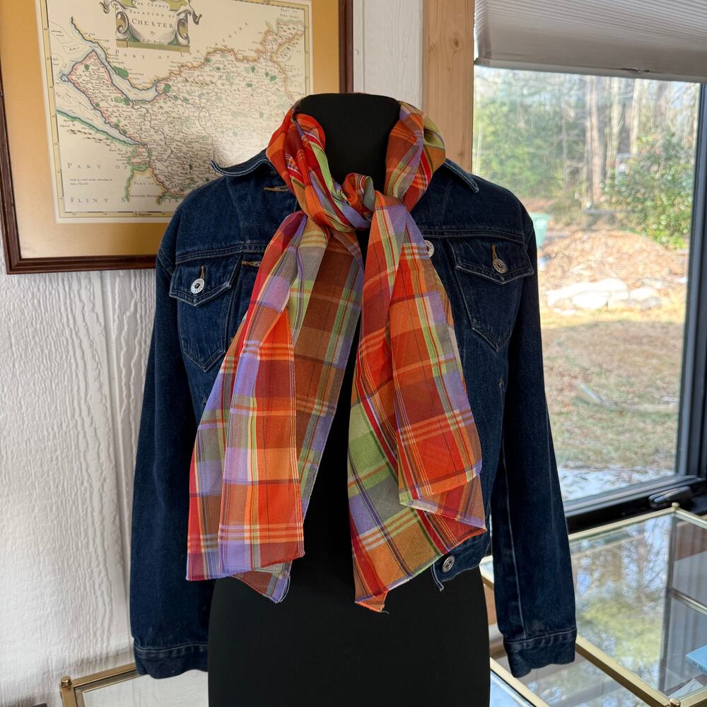 Vintage Sheer Plaid Gauze Scarf - 15” x‎ 58” Orange, Teal & Lavender Multi-Color